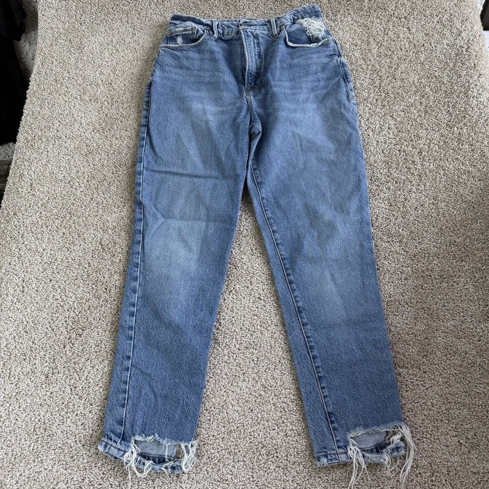 Good American High Rise Mom Jeans Womens 6 28 Med Wash Blue Distressed Denim